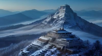 玄幻修仙场景，成人玄幻有声小说，蓝紫色光效，主角站于高山之巅俯瞰苍穹